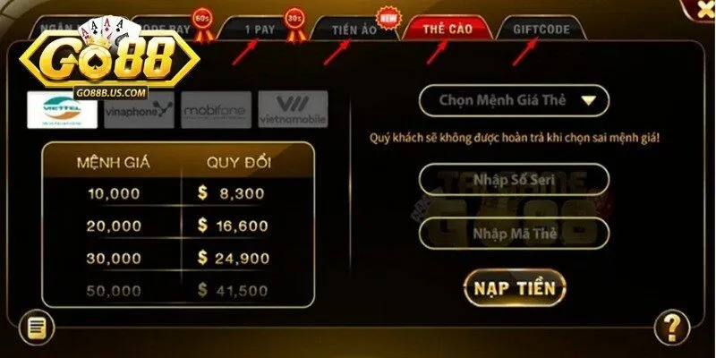 Các phương thức giao dịch phổ biến, tiện lợi qua link nạp tiền Go88