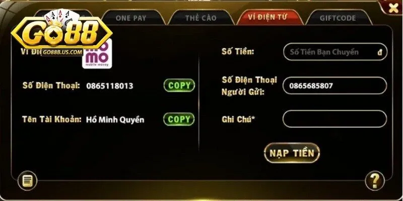 Thao tác nạp tiền trên link truy cập chính thống của Go88
