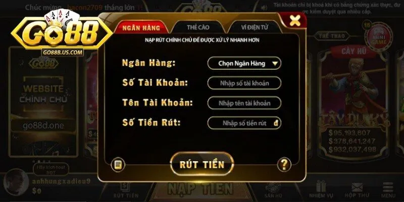 Các phương thức rút tiền Go88 phổ biến nhất thông qua link